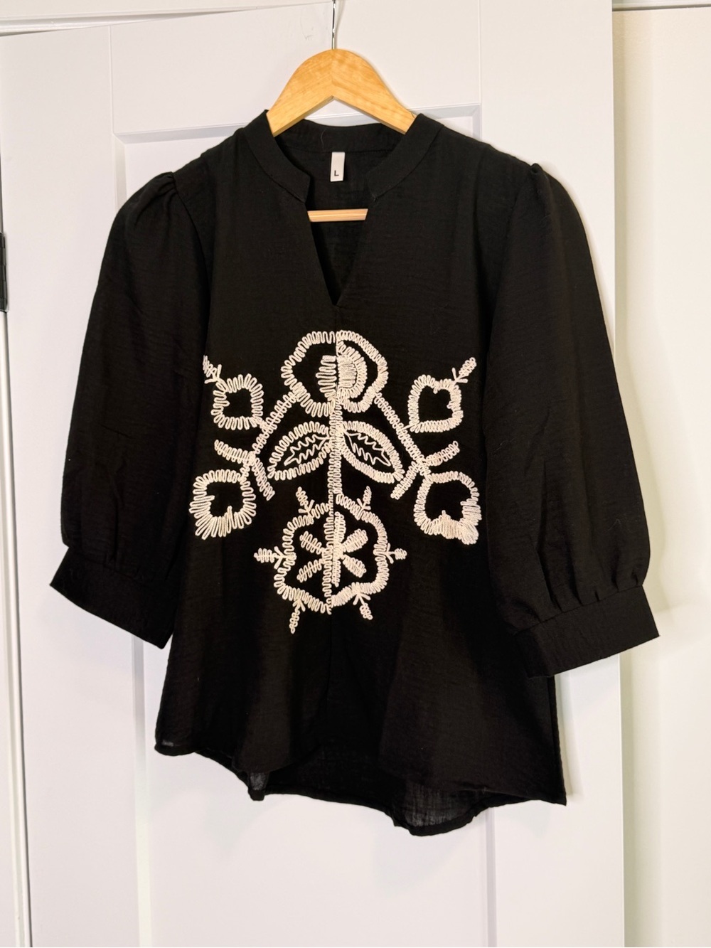 Source Unknown Black Tunic with White Floral Embroidery